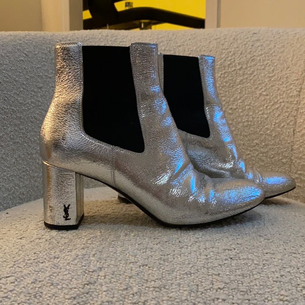 Saint Laurent Metallic Silver LouLou Heeled YSL logo Booties - 36